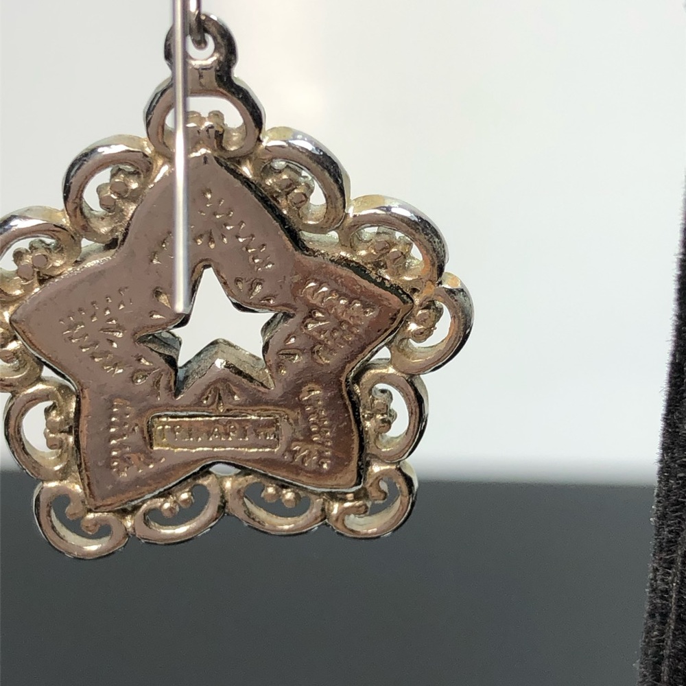 Trifari Dark Silver Tone Star Dangle Pierced Earrings with Turquoise Chip Enlay - Picture 8 of 10